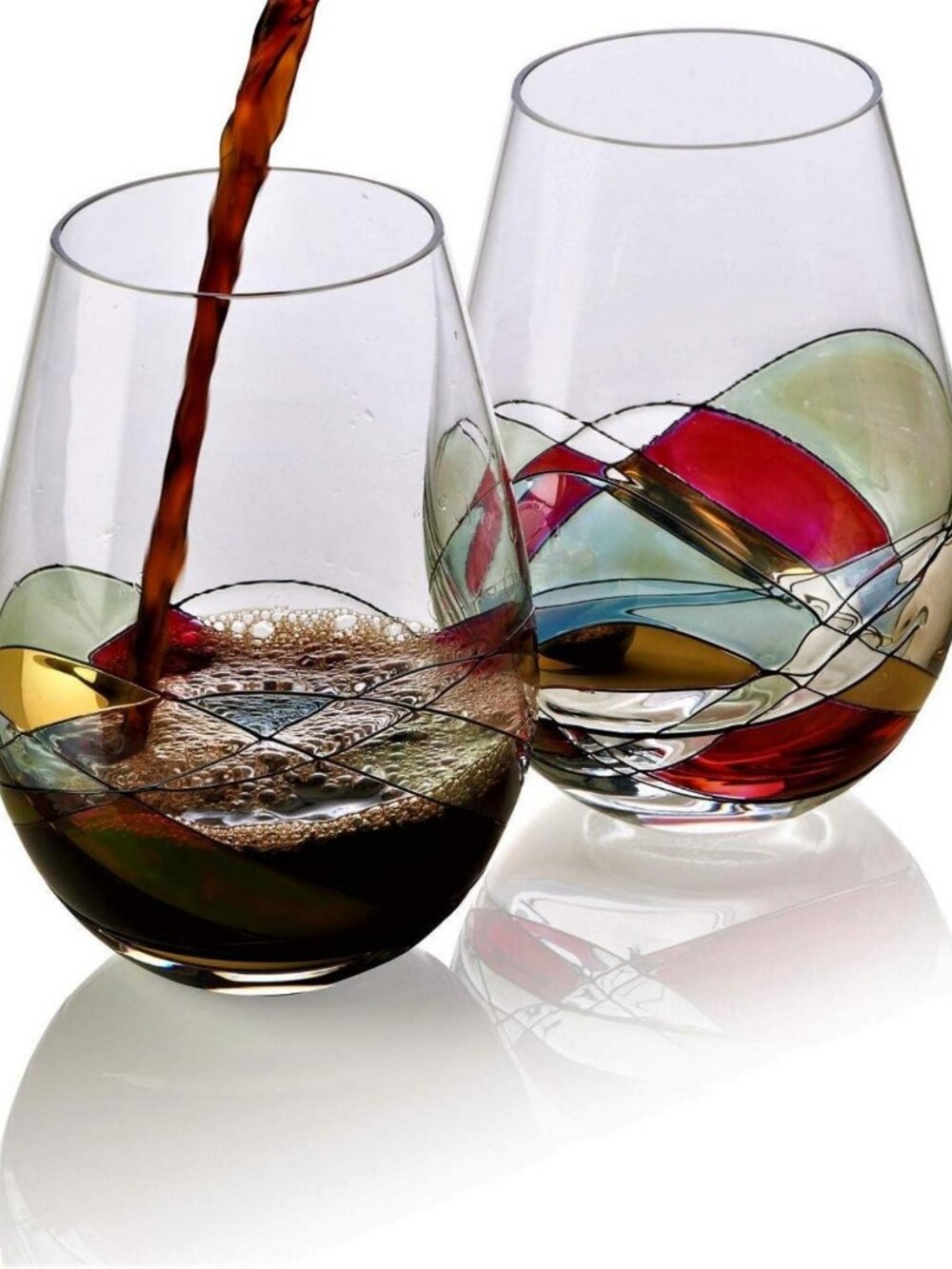 Hand-Painted Stemless Wine Glasses Set of 2 | Large 18 oz Lead-Free Crystal